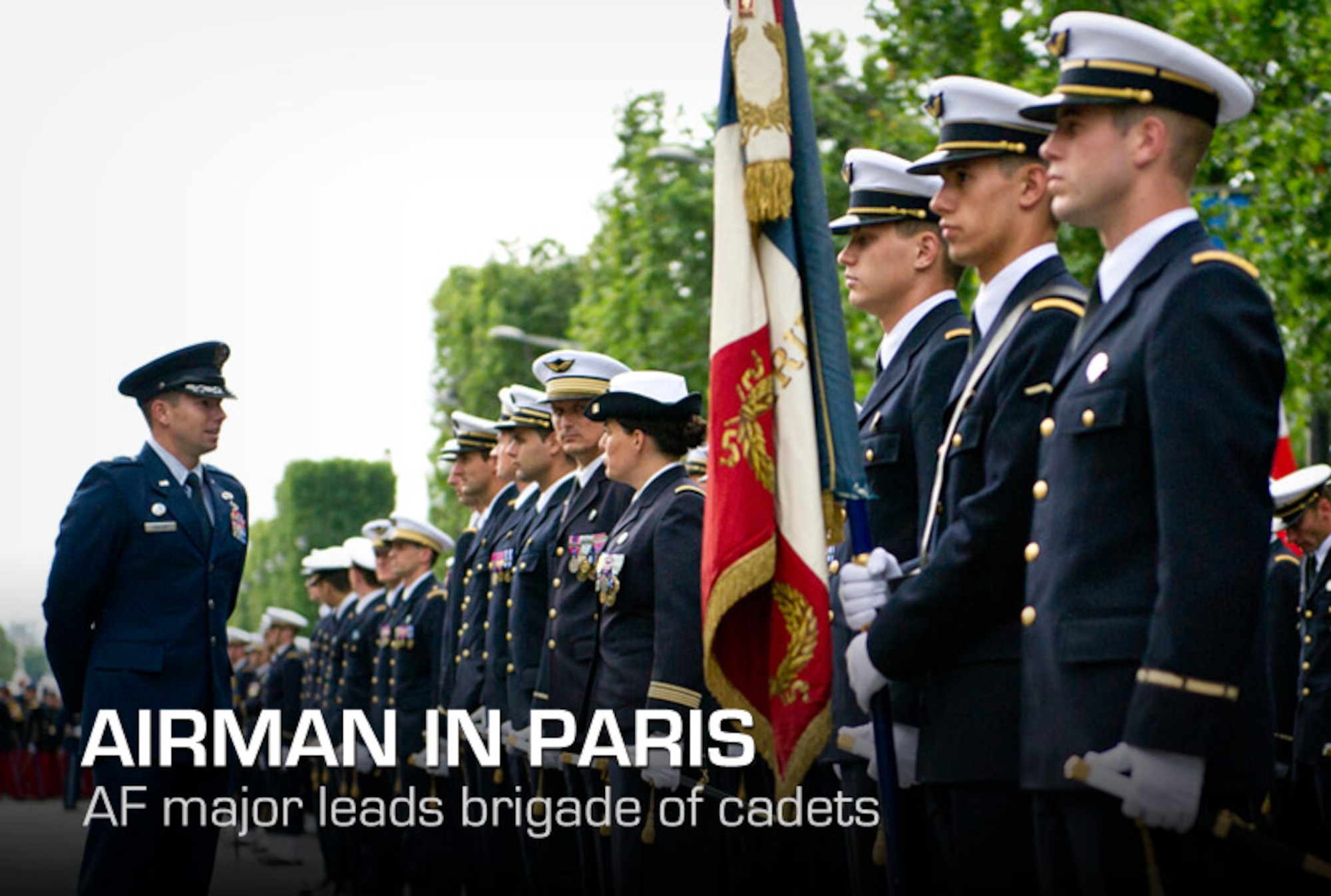 PARIS -- U.S. Air Force Maj. James Gingras, French Air Force Academy exchange officer, left, speaks with his cadets before marching in the 2012, 14th of July parade in Paris. The 14th of July, known in English by Bastille Day, is the French equivalent of the American 4th of July. It commemorates the attack on the Bastille on July 14, 1989, which preceded the French revolution. (U.S. Air Force photo/Staff Sgt. Benjamin Wilson)
