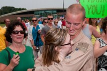 A Minnesota Air National Guard C-130 “Hercules” brings home about thirty Airmen from deployment to Southwest Asia on July 15, 2012 to the St. Paul Air Guard base, greeted by enthusiastic family and friends. One more C-130 is scheduled to arrive, with about another thirty Airmen aboard, redeploying back to the 133rd Airlift Wing. USAF official photo by Tech. Sgt. Erik Gudmundson