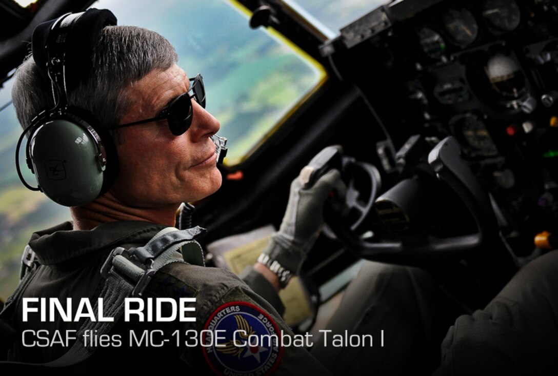 Air Force Chief of Staff Gen. Norton Schwartz flies an MC-130E Combat Talon I during his last flight as an active duty officer near Hurlburt Field, Fla., July 12, 2012. The MC-130E Combat Talon I crew conducted a local training sortie during the mission. It also served as Schwartz’s “fini flight” in the Air Force. (U.S. Air Force photo/Tech. Sgt. Samuel King Jr.) 