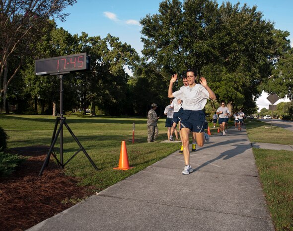 Capt. Sarah Hadacek, 628th Air Base Wing Judge Advocate office, was the fastest female runner with a time of 17:45 during the 2.37-mile Commander's Challenge Run at Joint Base Charleston - Air Base July 13, 2012. (U.S. Air Force photo/Airman 1st Class Ashlee Galloway)
