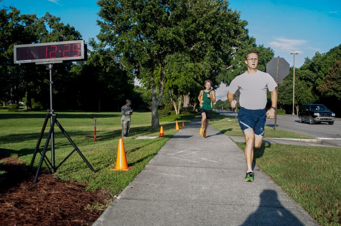 Capt. Matt Hellier, 14th Airlift Squadron, 437th Airlift Wing, was the fastest male runner with a time of 12:29 during the 2.37-mile Commander's Challenge Run at Joint Base Charleston - Air Base July 13, 2012. (U.S. Air Force photo/Airman 1st Class Ashlee Galloway)