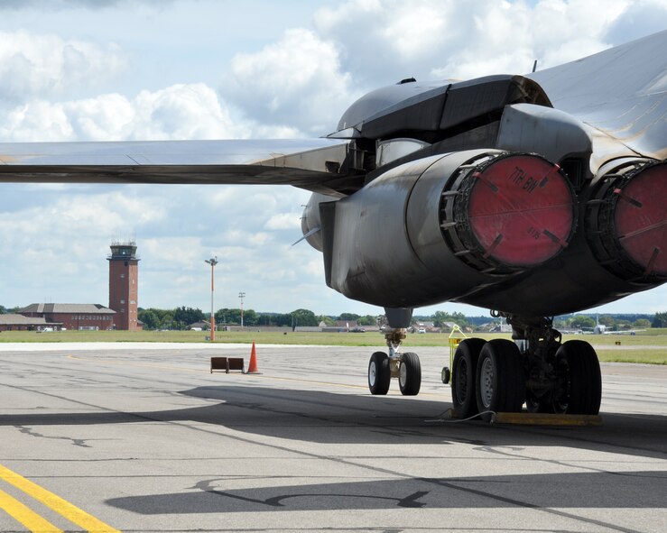 RAF MILDENHALL, England – A transient B-1B Lancer from the 7th Bomb Wing, Dyess Air Force Base, Texas, sits on the RAF Mildenhall flightline July 12, 2012. The B-1B Lancer is a supersonic bomber capable of delivering up to a 75,000 pound (34,019 kilogram) payload. The Lancer is used by the U.S. Air Force as a global reach multi-purpose bomber and can rapidly deliver precision and non-precision weapons against any adversary, anywhere in the world, at any time. (U.S. Air Force photo/2nd Lt Christopher Mesnard)