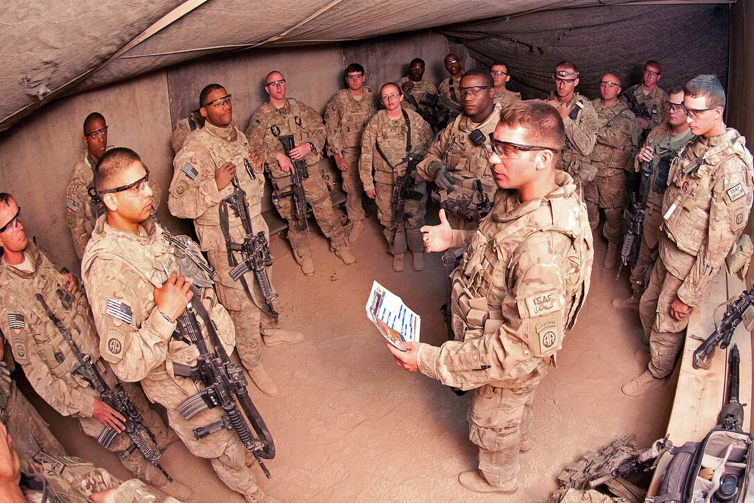 U.S. Army Second Lt. Mark Lucas briefs his soldiers before a combat logistics patrol mission on Forward Operating Base Arian in Afghanistan's Ghazni province, July 8, 2012. Mission briefs are mandatory for every soldier who will take part in the mission. Lucas, a platoon leader, is assigned to the 82nd Airborne Division's 307th Brigade Support Battalion, 1st Brigade Combat Team.