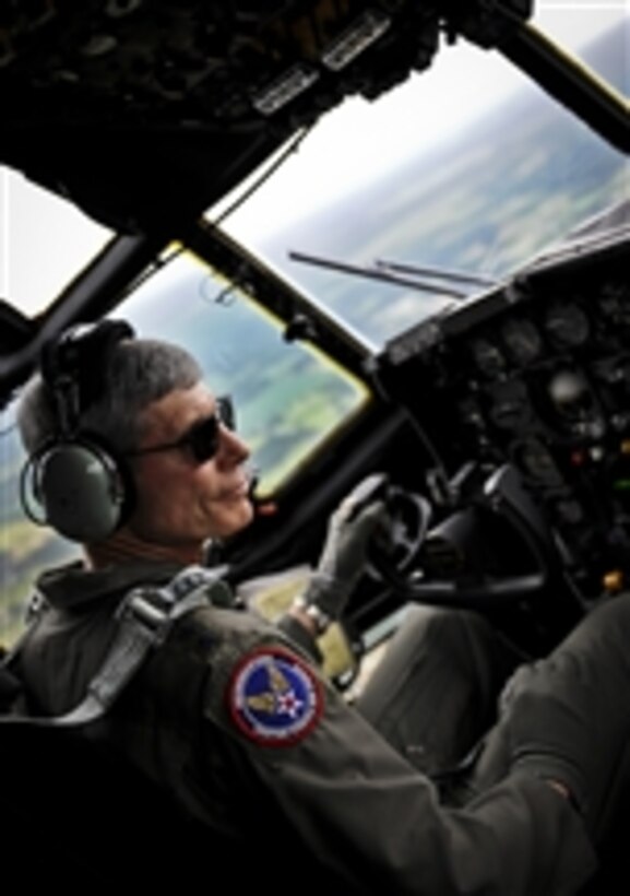 U.S. Air Force Chief of Staff Gen. Norton Schwartz flies an MC-130E Combat Talon I during his last flight as an active duty officer near Hurlburt Field, Fla., on July 12, 2012.  Schwartz and the MC-130E Combat Talon I crew conducted a local training sortie during the mission.  