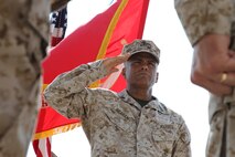 Sgt. Maj. Rodolfo R. Graham, former senior enlisted advisor for HMH-461, salutes Lt. Col. Nicholas A. Morris, commanding officer of HMH-461 and incoming senior enlisted advisor Sgt. Maj. Ronald M. Jenks Jr. during a relief and appointment ceremony at the squadron’s hangar, July 9.
