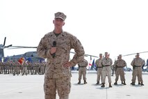 Sgt. Maj Ronald M. Jenks Jr. speaks to his new squadron during a relief and appointment ceremony where he accepted the duties as senior enlisted advisor for Marine Heavy Helicopter Squadron 461 at the squadron’s hangar, July 9. 