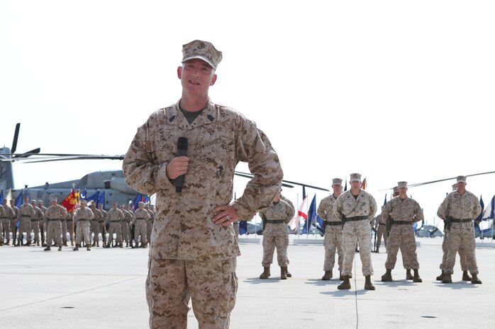 Sgt. Maj Ronald M. Jenks Jr. speaks to his new squadron during a relief and appointment ceremony where he accepted the duties as senior enlisted advisor for Marine Heavy Helicopter Squadron 461 at the squadron’s hangar, July 9. 