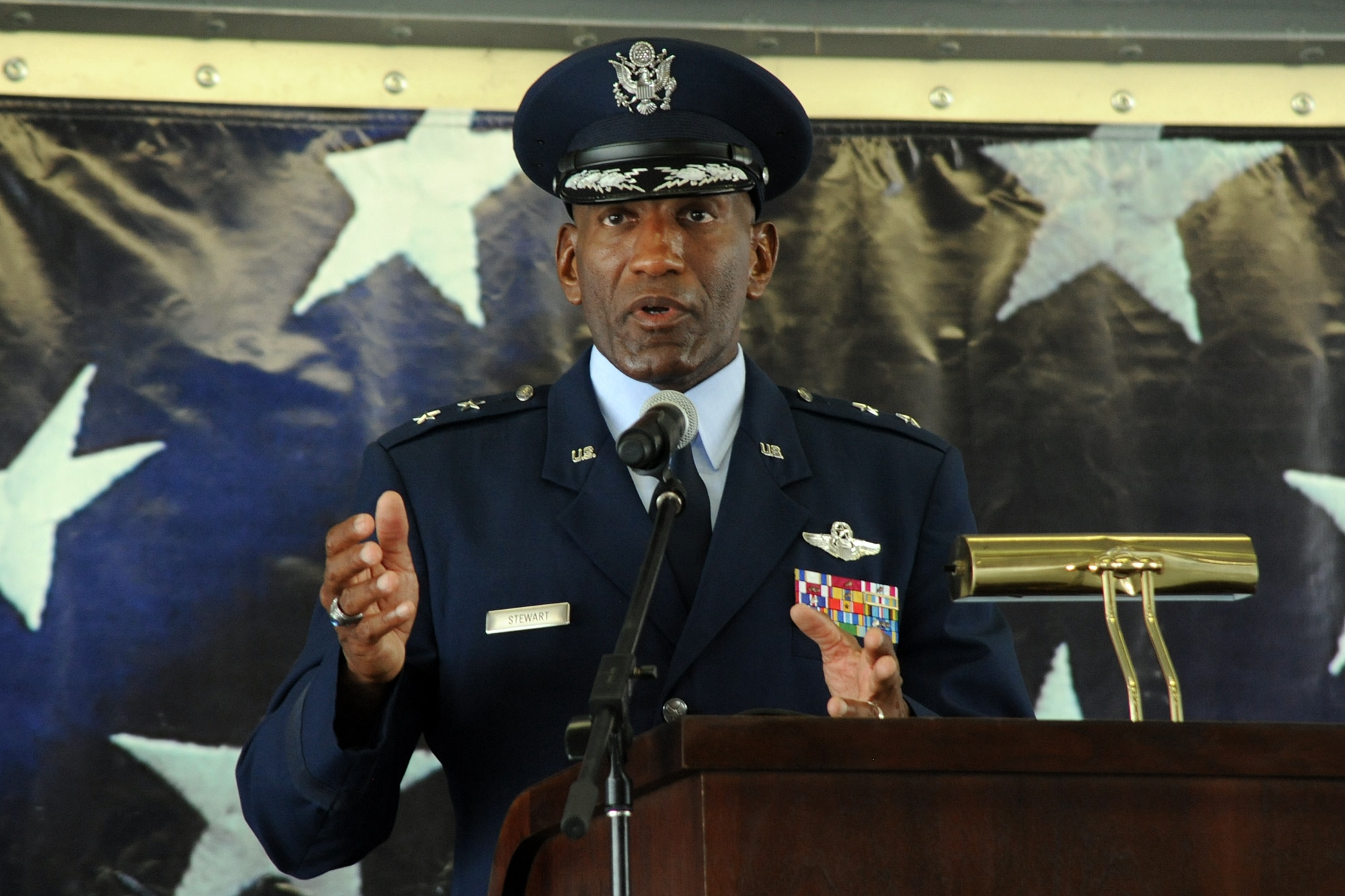 Air Force Personnel Center Commander Maj. Gen. A.J. Stewart discusses the way ahead for the new AFPC organization at the Air Force personnel, manpower and services inactivation and consolidation ceremony July 17 at Randolph Air Force Base. (U.S. Air Force photo/Richard F. McFadden)