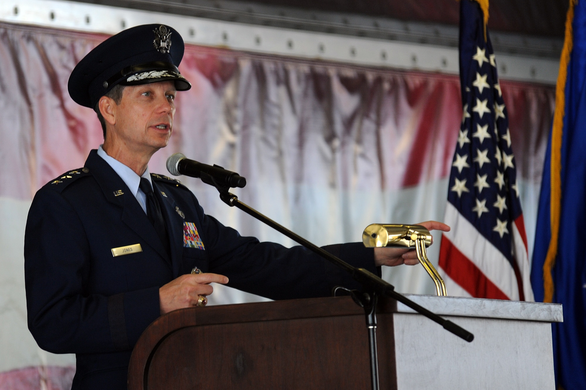 Air Force Deputy Chief of Staff for Manpower, Personnel and Services Lt. Gen. Darrell D. Jones discusses his vision for the new Air Force Personnel Center during the Air Force personnel, manpower and services inactivation and consolidation ceremony July 17 at Randolph Air Force Base. (U.S. Air Force photo/Ben Faske)