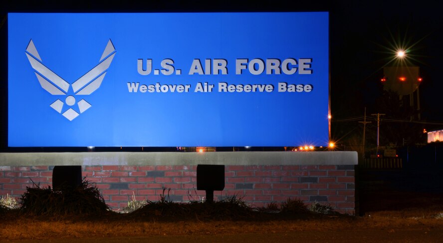 Westover Air Reserve Base welcome sign at the main gate entrance. (U.S. Air Force photo/SrA. Kelly Galloway)