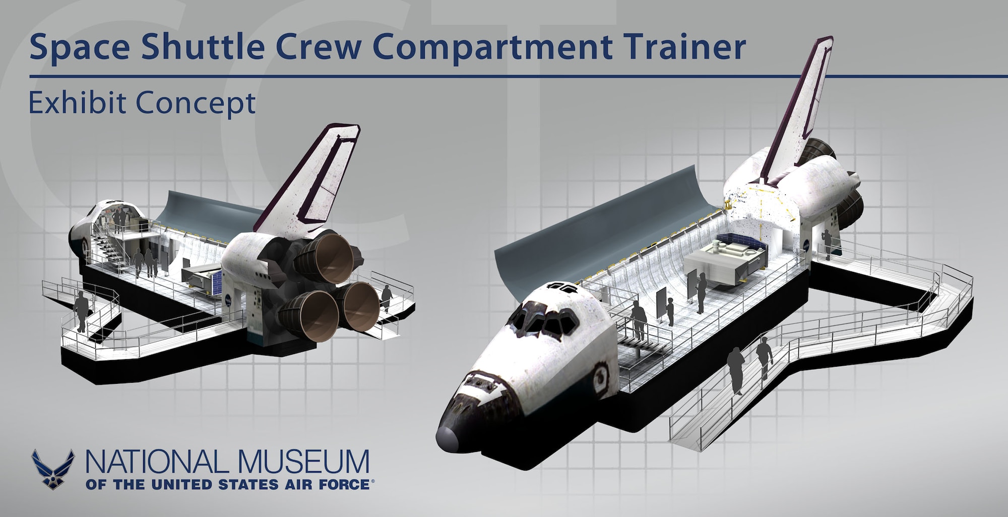 A conceptual drawing of the NASA Space Shuttle Crew Compartment Trainer exhibit at the National Museum of the U.S. Air Force at Wright-Patterson Air Force Base, Ohio. The CCT is a high-fidelity representation of the Space Shuttle Orbiter crew station that was used primarily for on-orbit crew training and engineering evaluations. (U.S. Air Force graphic)