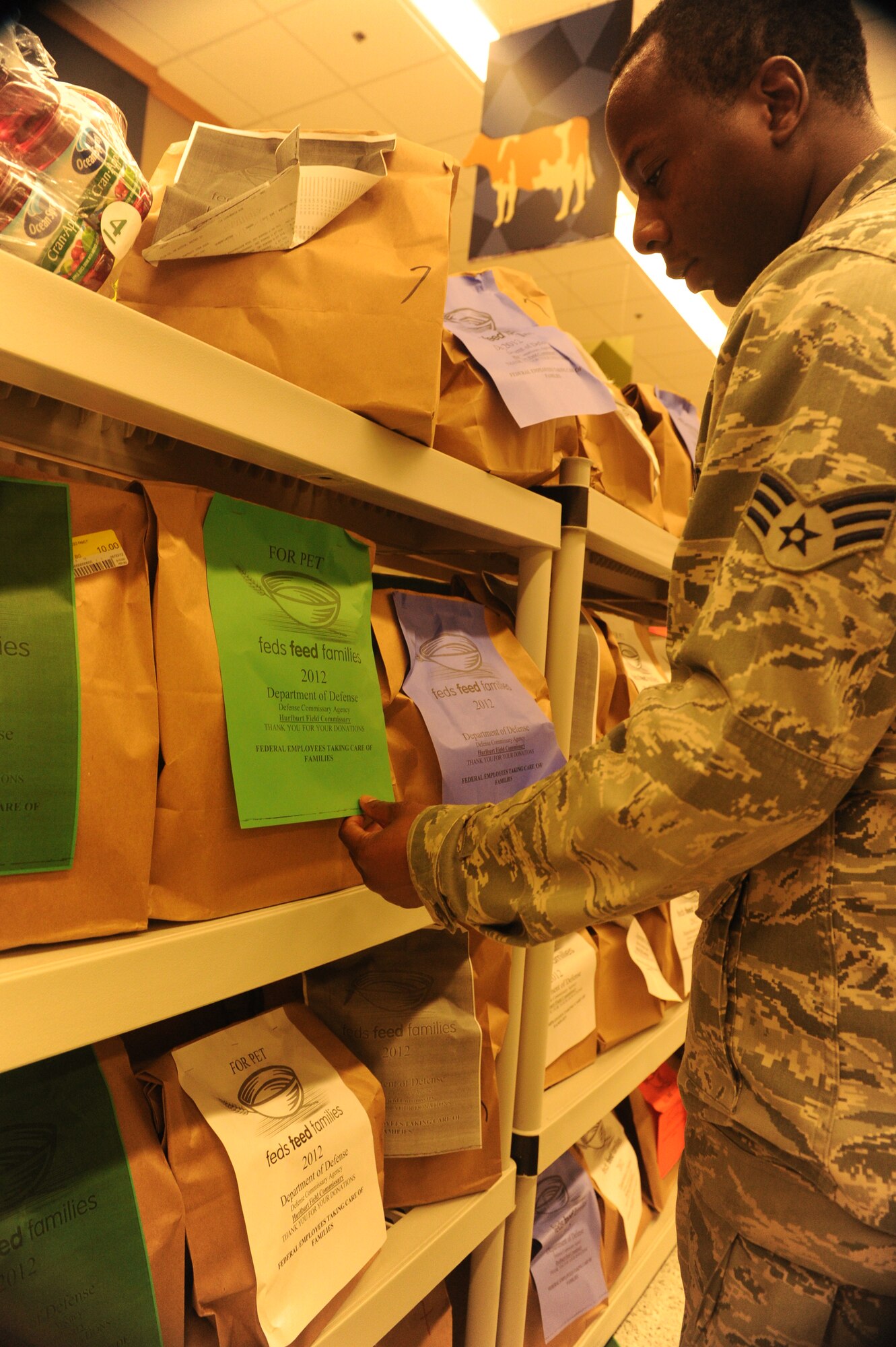 Senior Airman Jovan Baker, a tactical radio maintainer of 1st Special Operations Communications Squadron, looks at the different kinds of pre-packed donation bags for the Feds Feed Families campaign at the base commissary at Hurlburt Field, Fla., July 18, 2012. The commissary placed different varieties of food in the bags for potential donators to choose. (U.S. Air Force photo/Senior Airman Reams)(Released)