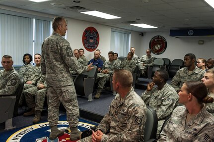 Chief Master Sgt. Martin Klukas, U.S. Transportation Command senior enlisted leader, from Scott Air Force Base, Ill., mentors Airmen from the Airman Leadership School, at Joint Base Charleston – Air Base, S.C., July 12, 2012. Klukas is the principal advisor to the combatant commander for all matters concerning joint force integration, career development, utilization and sustainment of more than 150,000 enlisted personnel serving USTRANSCOM's air, land and sea components throughout the world. (U.S. Air Force photo/Airman 1st Class Ashlee Galloway)