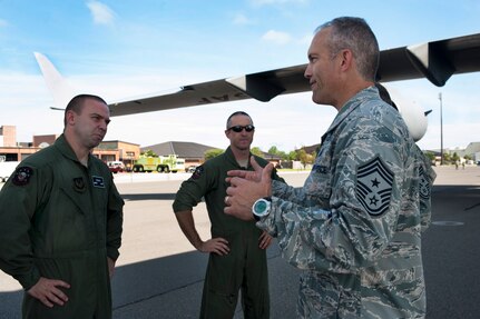 Chief Master Sgt. Martin Klukas, U.S. Transportation Command senior enlisted leader, from Scott Air Force Base, Ill., speaks to Airmen from the 628th Logistics Readiness Squadron Fuels Flight, Forward Area Refueling Point team, after watching a FARP demonstration, at Joint Base Charleston – Air Base, S.C., July 12, 2012. The FARPs mission is to hot refuel, which is to refuel while the engines are operating, from a tanker aircraft (C-17 Globemaster III) to a receiver aircraft, under the cover of darkness in an austere environment. Klukas is the principal advisor to the combatant commander for all matters concerning joint force integration, career development, utilization and sustainment of more than 150,000 enlisted personnel serving USTRANSCOM's air, land and sea components throughout the world. (U.S. Air Force photo/Airman 1st Class Ashlee Galloway)