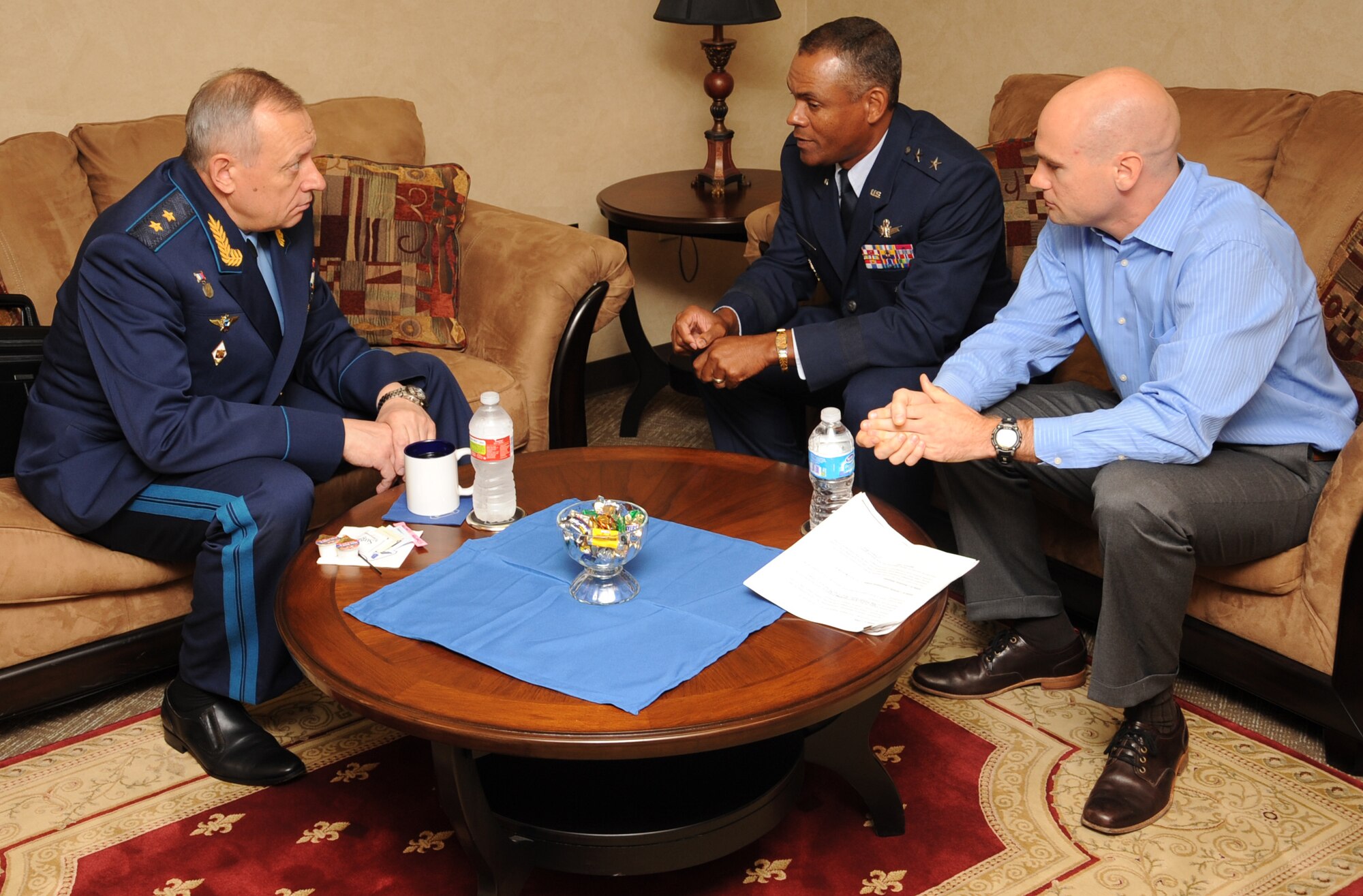 Gen. Lt. Anatoliy Dmitriyevick Zhikharyev, Russian Long Range Aviation and Delegation commander, and Maj. Gen. Everett Thomas, Air Force Global Strike Command vice commander, have an office call on Barksdale Air Force Base, La., July 12. This was the first visit to Barksdale for Zhikharyev, who visited the base as part of a Russian Air Force delegation for a new bomber exchange program. As part of the visit, Russian Airmen received an up-close view of the B-52H Stratofortress bomber, a briefing about the mission and a visit with Air Force Global Strike Command leaders. (U.S. Air Force photo/Senior Airman Sean Martin)(RELEASED)