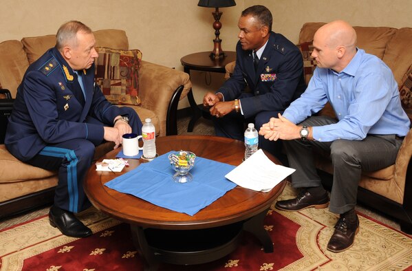 Gen. Lt. Anatoliy Dmitriyevick Zhikharyev, Russian Long Range Aviation and Delegation commander, and Maj. Gen. Everett Thomas, Air Force Global Strike Command vice commander, have an office call on Barksdale Air Force Base, La., July 12. This was the first visit to Barksdale for Zhikharyev, who visited the base as part of a Russian Air Force delegation for a new bomber exchange program. As part of the visit, Russian Airmen received an up-close view of the B-52H Stratofortress bomber, a briefing about the mission and a visit with Air Force Global Strike Command leaders. (U.S. Air Force photo/Senior Airman Sean Martin)(RELEASED)