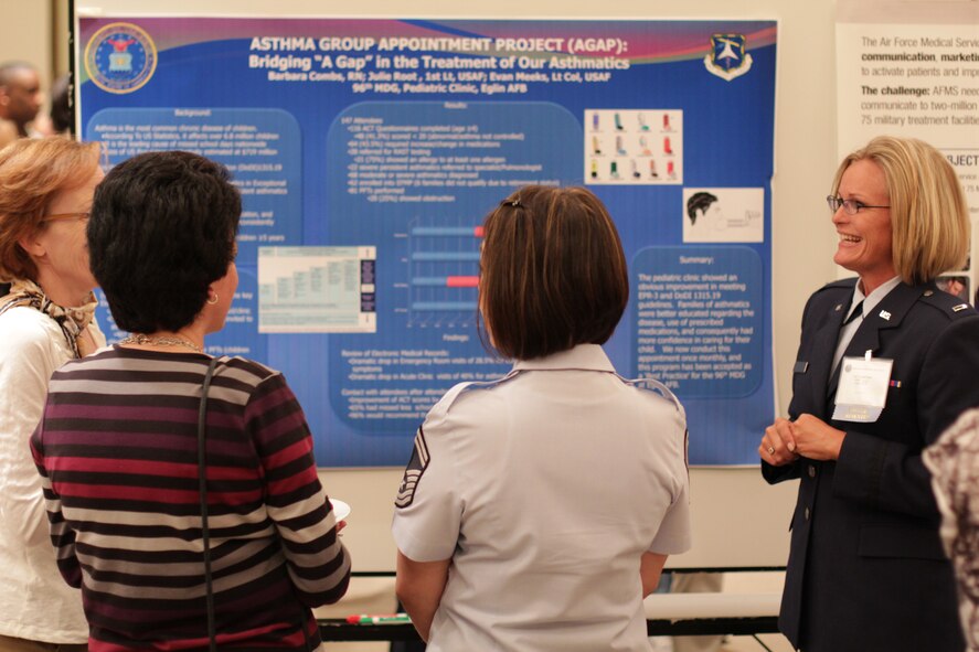 1Lt. Julie Root of Eglin AFB, presented her research abstract poster to a
group of nursing service leaders and attendees at the inaugural research
abstract poster presentation at the 2012 Executive Leadership Symposium on
25 Apr 2012.  10 research abstracts were competitively selected to present
at this year's workshop. Photo: 1Lt Mark Pomerleau (Air Force Photo)
