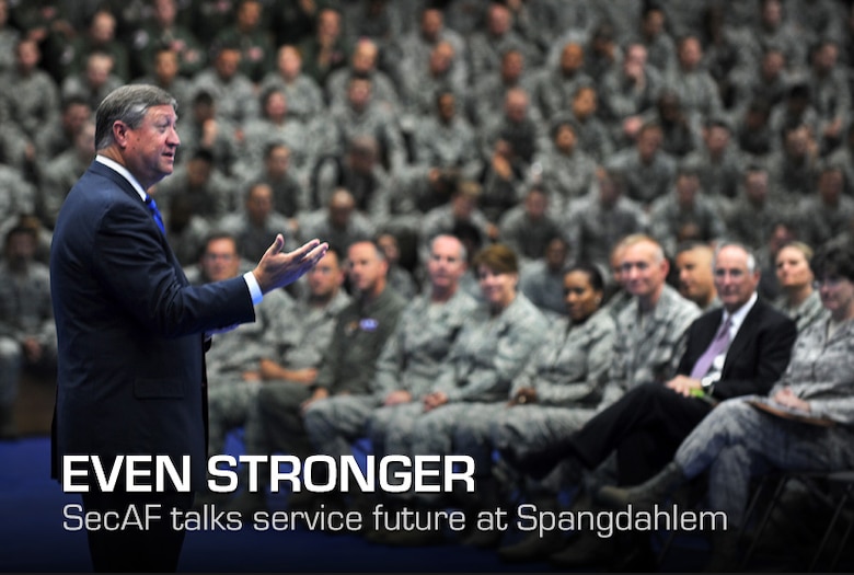 Secretary of the Air Force Michael Donley speaks to 52nd Fighter Wing Airmen during an Airmen’s Call at Spangdahlem Air Base, Germany, July 13, 2012. During his visit, the secretary learned about the mission of the 52nd FW and the unique capabilities the base provides to the European theater of operations. (U.S. Air Force photo/Senior Airman Matthew B. Fredericks)