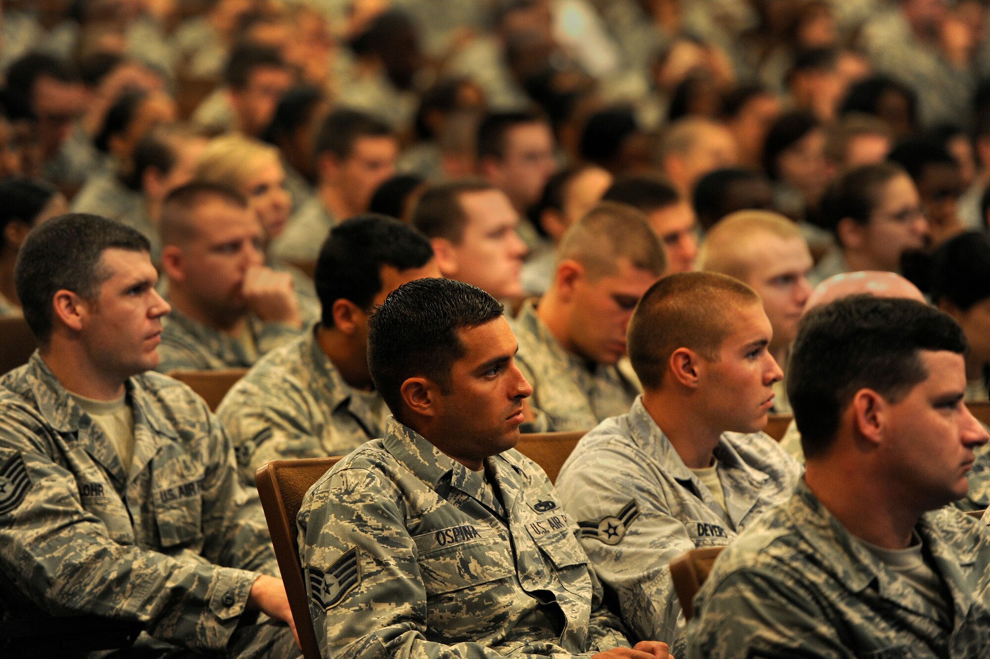 Airmen and NCO’s assigned to the 20th Fighter Wing listen as Chief Master Sgt. James Wilkerson, 20th Fighter Wing command chief, speaks during an enlisted all call, July 13, 2012, Shaw Air Force Base, S.C. Wilkerson held the enlisted all call to present the senior enlisted perspective of the 20th FW Commander’s message and intent while soliciting feedback and directly answering questions from the Airmen. (U.S. Air Force photo by Senior Airman Kenny Holston/Released) 