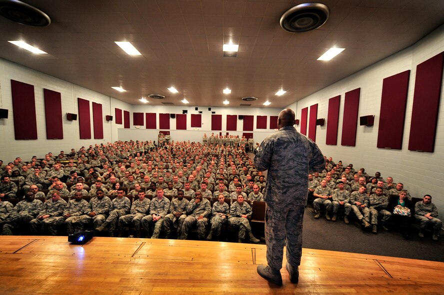 U.S. Air Force Chief Master Sgt. James Wilkerson, 20th Fighter Wing command chief, speaks to Team Shaw Airmen during an enlisted all call, July 13, 2012, Shaw Air Force Base, S.C. Wilkerson held the enlisted all call to present the senior enlisted perspective of the 20th FW Commander’s message and intent while soliciting feedback and directly answering questions from the Airmen. (U.S. Air Force photo by Senior Airman Kenny Holston/Released) 