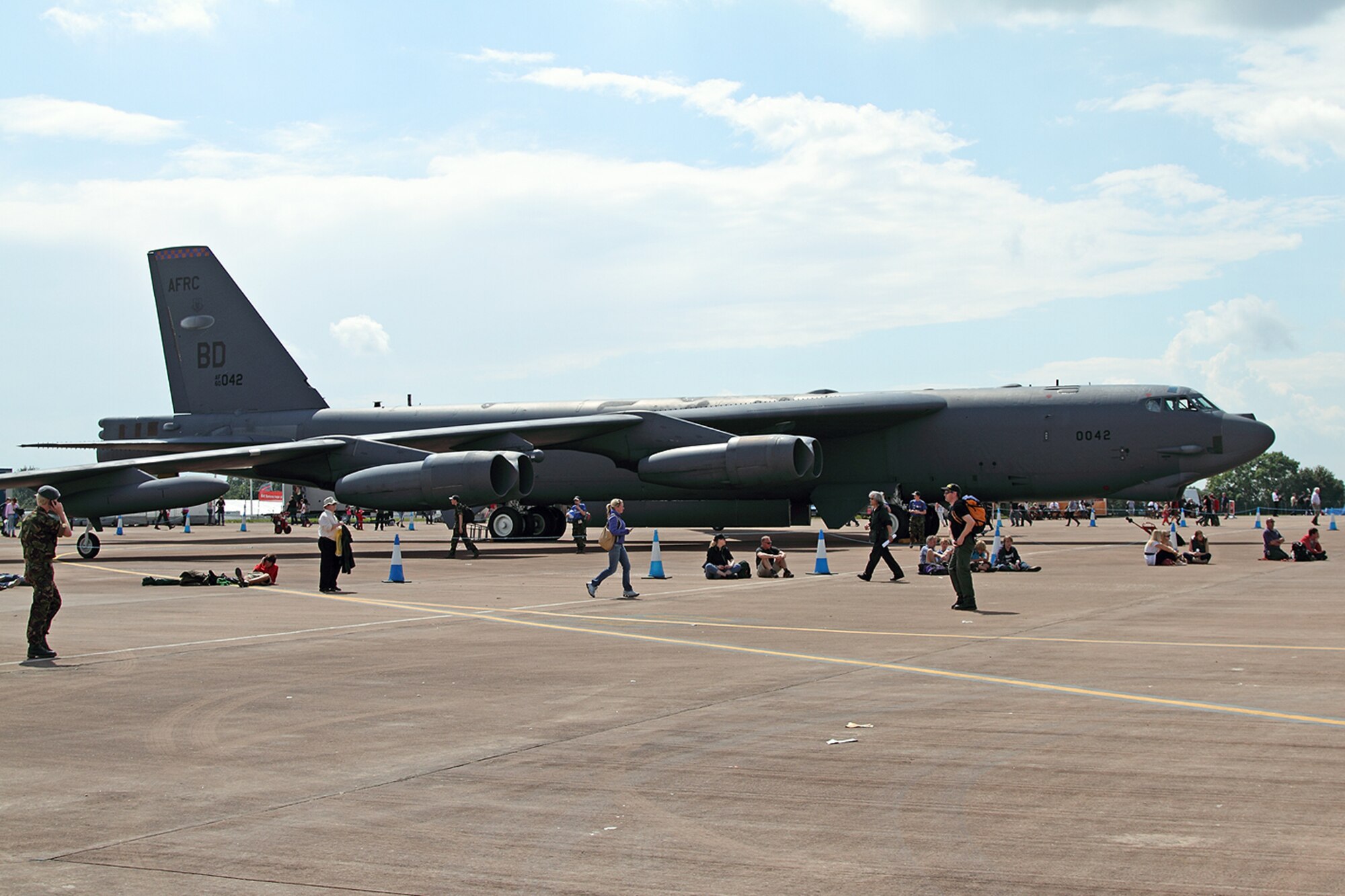 A B-52 Stratofortress sits on the ramp at the Royal International Air Tattoo 2012, RAF Fairford, England, July 8, 2012. An aircrew and B-52 Stratofortress from the 93rd Bomb Squadron, 307th Bomb Wing were on hand at what is touted as the world’s biggest military air show from July 4-9, 2012. (Courtesy photo by Roel Reijne)