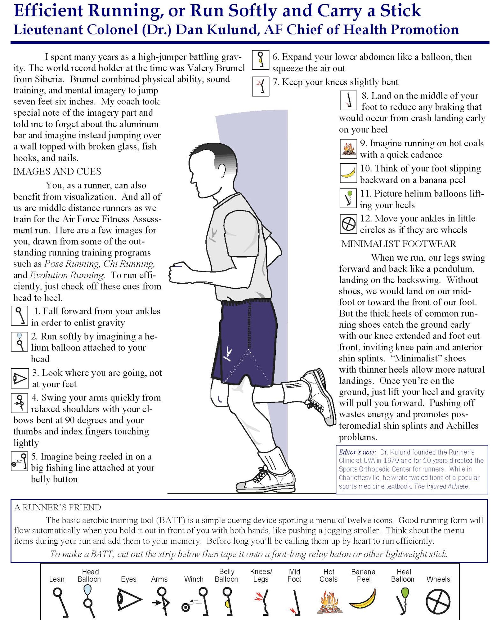 The basic aerobic training tool is a simple cueing device sporting  a menu of twelve icons. Held out in front of them, it is a memory-aid to remind runners of proper form.
(U.S. Air Force Graphic)