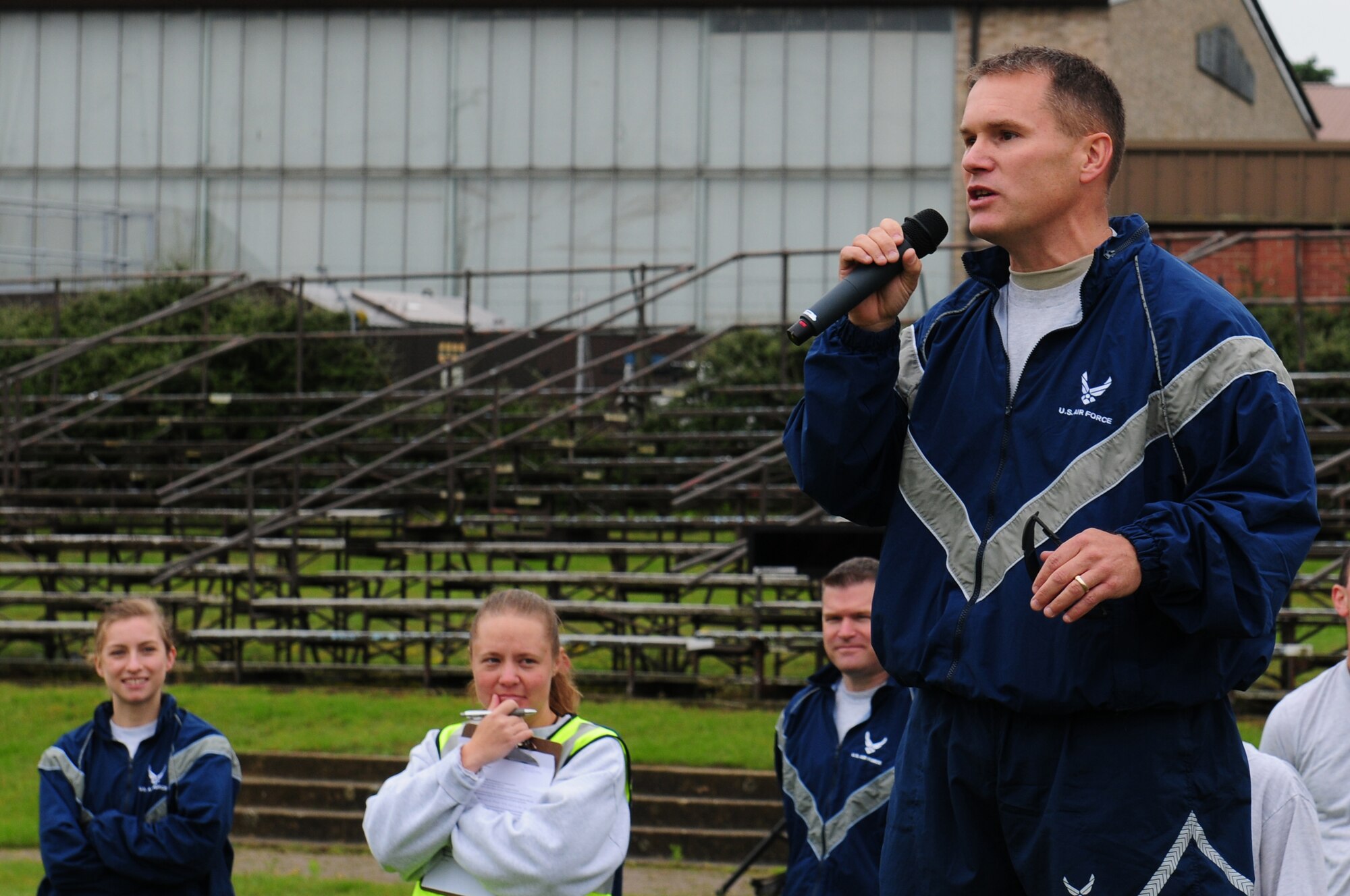 ROYAL AIR FORCE LAKENHEATH, England – Col. Mark Ciero, 48th Fighter Wing vice commander, speaks to Liberty Wing Airmen before kicking-off the Liberty Olympics July 13, 2012. The Liberty Olympics offered 48th Fighter Wing Airmen and their families a day of friendly competitions such as dodge ball, a 5K fun run, ultimate frisbee and other activities. (U.S. Air Force photo by Airman 1st Class Cory D. Payne)