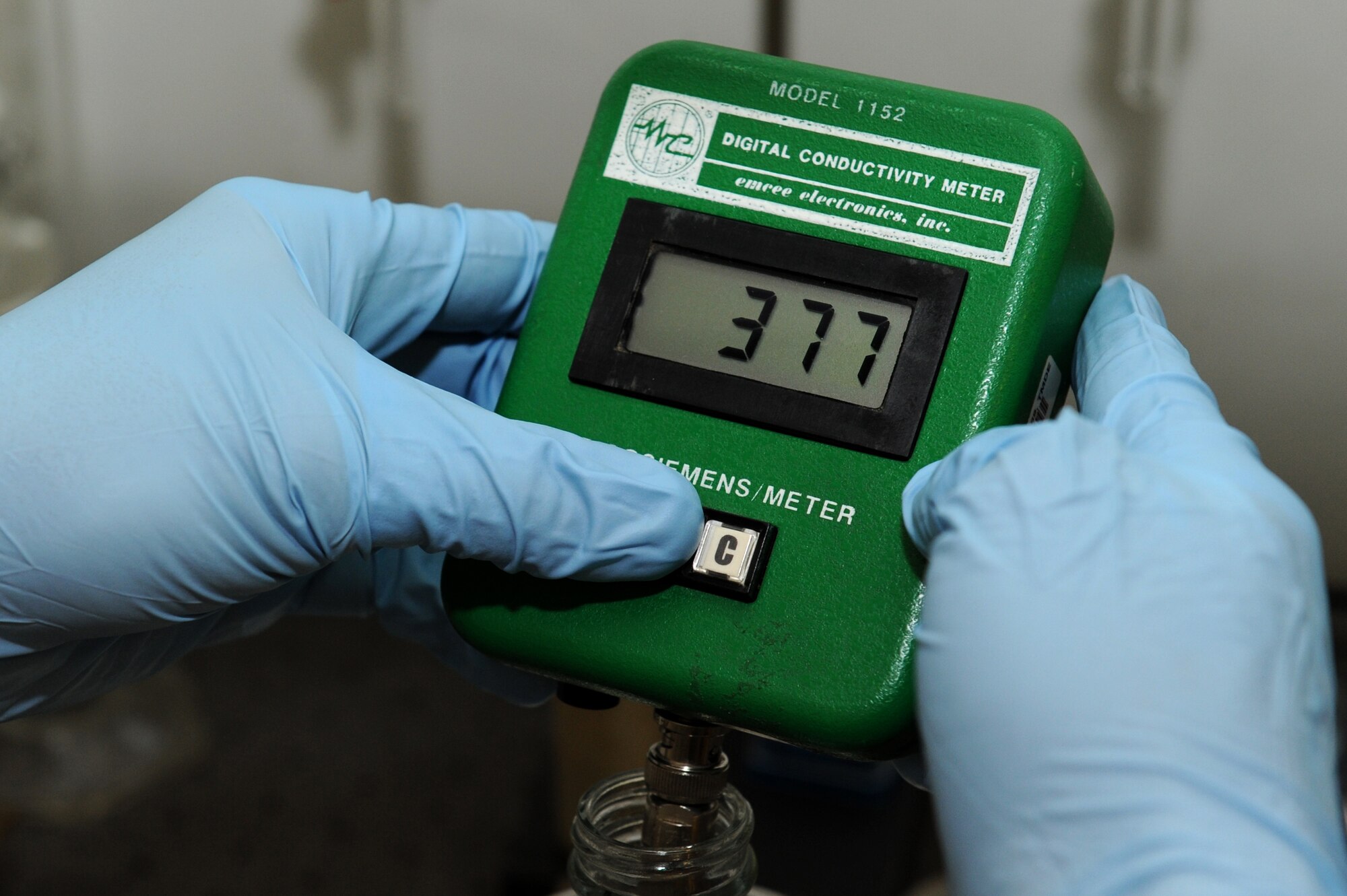 SOUTHWEST ASIA - U.S. Air Force Staff Sgt. Daniel Klinger, 380th Expeditionary Logistics Readiness Squadron Petroleum, Oils and Lubricants flight, measures the conductivity of a fuel sample July 16, 2012. Klinger is the NCO in charge of the fuels laboratory. (U.S. Air Force photo/Master Sgt. Scott MacKay)
