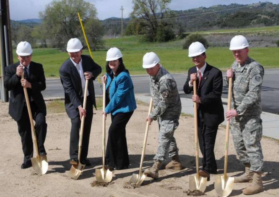 FORT HUNTER LIGGETT, Calif. -- Representatives from the Department of the Army, U.S. Rep. Sam Farr's district office, Fort Hunter Liggett and the U.S. Army Corps of Engineers Sacramento District broke ground a one-megawatt solar array in a ceremony at Fort Hunter Liggett, Calif., April 8, 2011. From left to right: Todd Davis, U.S. Army Reserve chief of staff; Mr. Brian Bothman, vice president of Robert A. Bothman Inc.; the Katherine Hammack, Assistant Secretary of the Army for Installations and Environment; Col. James Suriano, Fort Hunter Liggett garrison commander; Alec Arago, district director for U.S. Rep. Sam Farr's district office; and Lt. Col. Andrew Kiger, U.S. Army Corps of Engineers Sacramento District district commander. The solar array is the first of three planned for the post, which will eventually provide 100 percent of Fort Hunter Liggett's energy needs. The Sacramento District is managing the project.