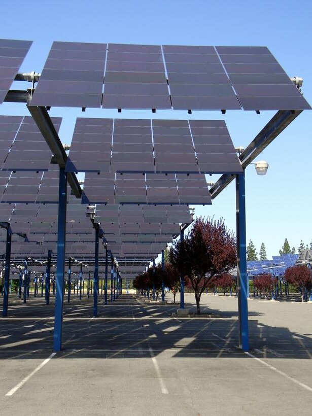 SACRAMENTO, Calif. -- Solar arrays at the Sacramento State Fair Grounds here resemble the array now under construction at Fort Hunter Liggett. The new one-megawatt solar array will provide for 30 percent of the post's energy needs. The U.S. Army Corps of Engineers Sacramento District is managing the renewable energy project.
