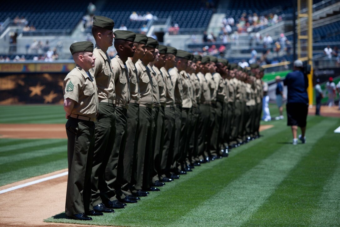 SAN DIEGO-Marines with the 11th Marine Expeditionary Unit and other units throughout Southern California take the field during a pre-game military appreciation day ceremony at Petco Park July 8. The 11th MEU Marines returned June 21 from a seven-month deployment to the Western Pacific, Horn of Africa and Middle East regions., Sgt. Elyssa Quesada, 7/8/2012 3:53 AM
