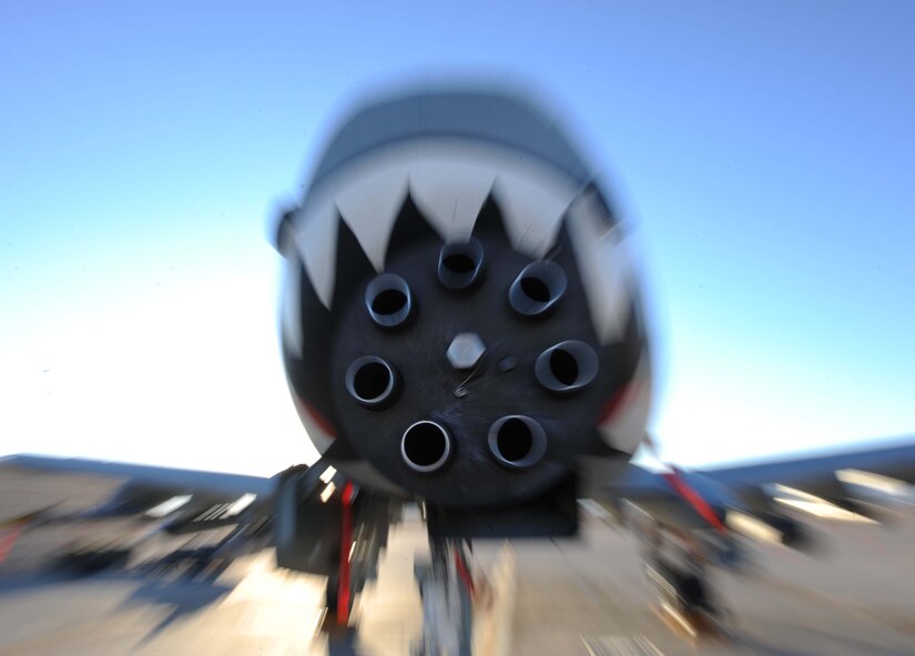 An A-10C Thunderbolt II sits on the ramp July 16, 2012, at Nellis Air Force Base, Nev., prior to a mission for Red Flag 12-4, an air combat training exercise that takes place in and around the Nevada . The exercise takes primarily in and around the Nevada Test and Training Range, where A-10s will deliver MK-82s, AGM-65s, BDU-33s, chaff and flare, and rockets, in addition to firing the 30 mm GAU-8/A seven-barrel Gatling gun. (U.S. Air Force photo by Master Sgt. Sonny Cohrs/Released)