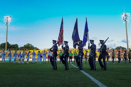 The Joint Base Charleston – Air Base Honor Guard posts the colors during the Charleston Battery soccer team's military appreciation night held at Blackbaud Stadium on Daniel Island, S.C., July 14, 2012. The Charleston Battery traditionally holds two military appreciation nights a season. Free tickets are given out to military members and their families. (U.S. Air Force by Staff Sgt. Nicole Mickle)
