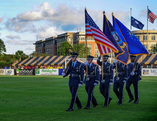 The Joint Base Charleston – Air Base Honor Guard posts the colors during the Charleston Battery soccer team's military appreciation night held at Blackbaud Stadium on Daniel Island, S.C., July 14, 2012. The Charleston Battery traditionally holds two military appreciation nights a season. Free tickets are given out to military members and their families. (U.S. Air Force by Staff Sgt. Nicole Mickle)