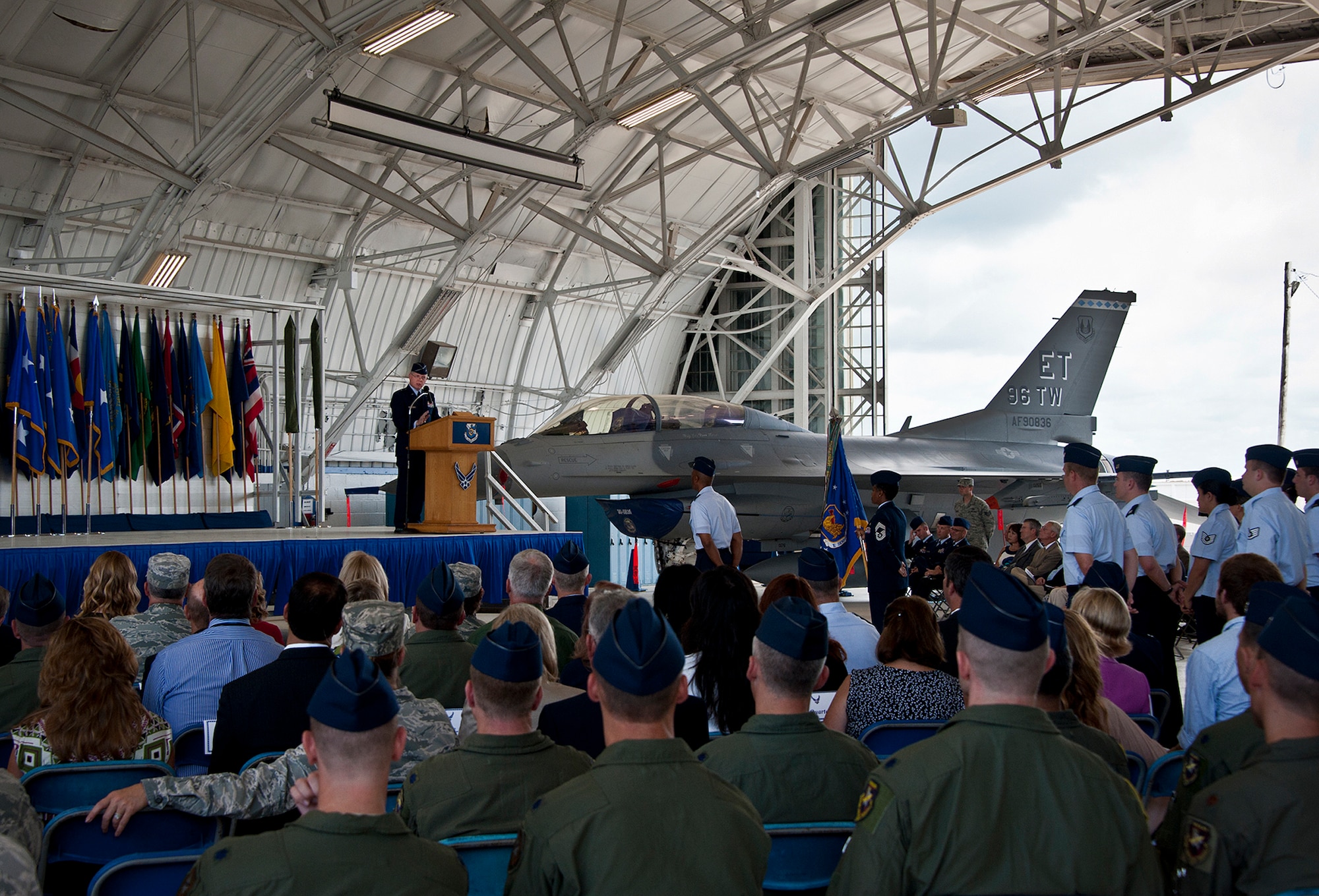 Brig. Gen. David Harris, the 96th Test Wing commander, speaks to the Airmen of his new wing after taking command during the base transition ceremony July 18 at Eglin Air Force Base, Fla.  The official activation of the 96th Test Wing combined the 96th Air Base Wing and 46th Test Wing. (U.S. Air Force photo/Samuel King Jr.)
