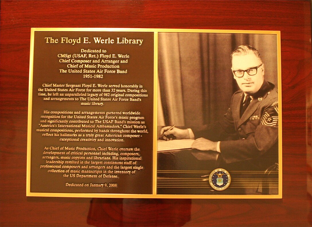 The plaque outside The Werle Library at the United States Air Force Band's historic Hanger 2. (AF photo by CMSgt Jan Duga)

