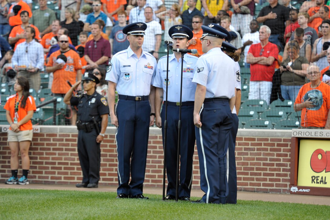 Members of the United States Air Force Academy Band's "Blue Steel" apparently brought good luck to the home team when they performed the National Anthem for the Baltimore Orioles vs Pittsburgh Pirates game at Oriole Park.  The Orioles beat the Pirates 7-1.
