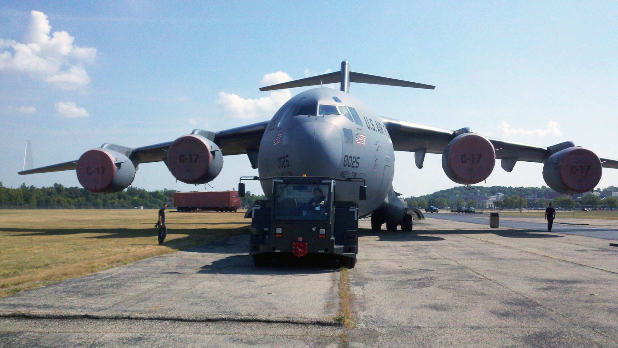 DAYTON, Ohio -- The C-17 is towed to its exhibit space in the Air Park at the National Museum of the U.S. Air Force. (U.S. Air Force photo)