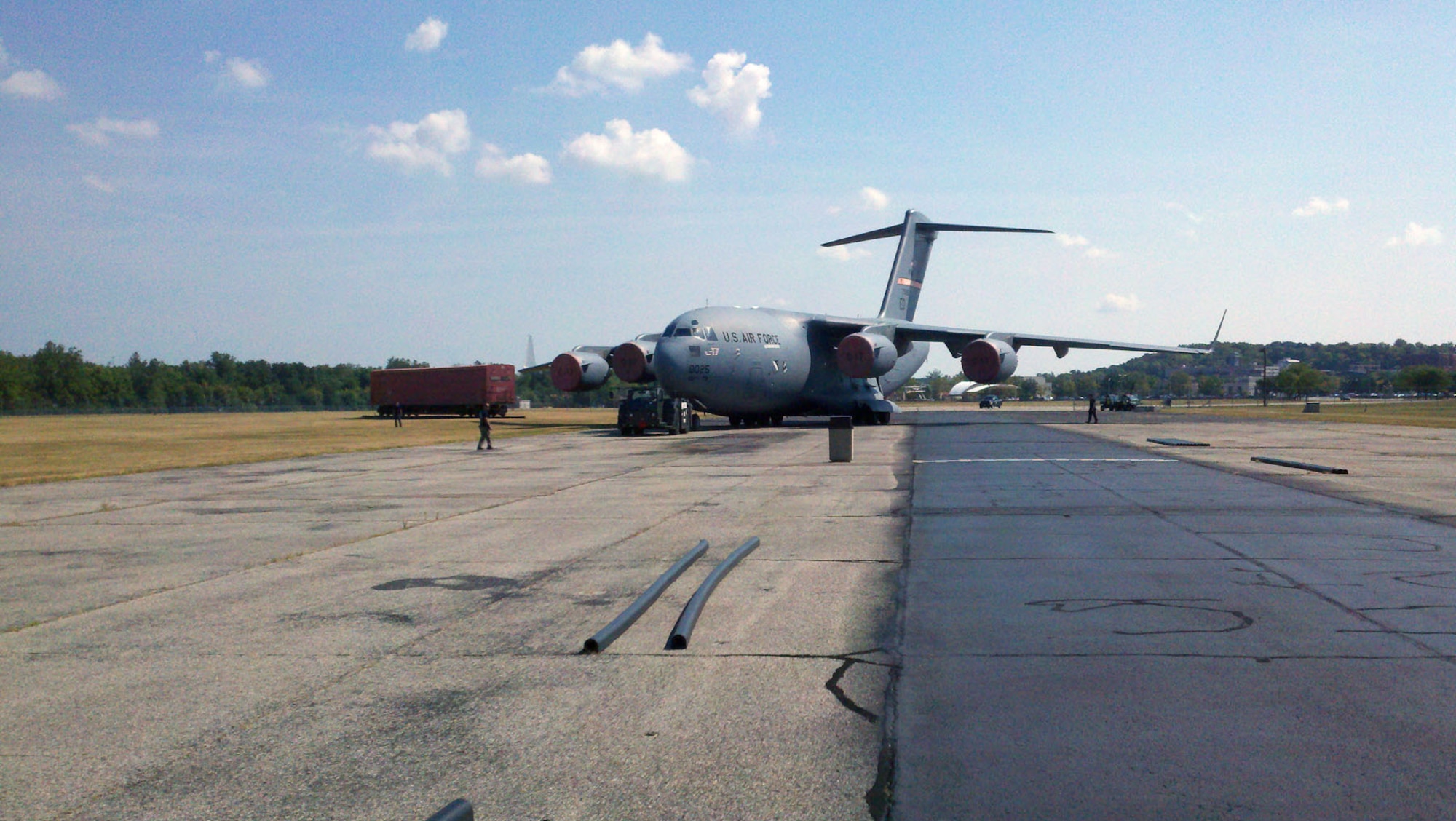 DAYTON, Ohio -- The C-17 is towed to its exhibit space in the Air Park at the National Museum of the U.S. Air Force. (U.S. Air Force photo)