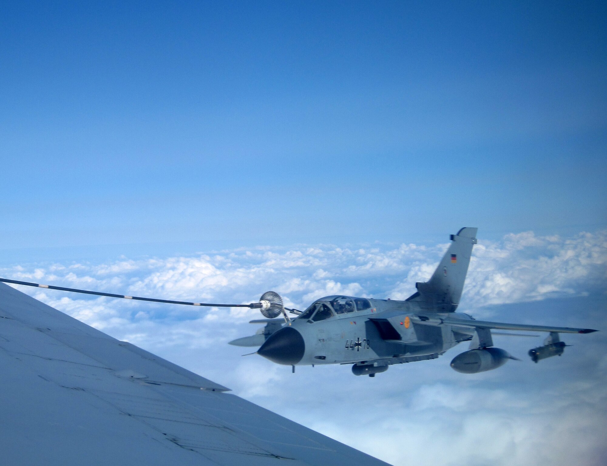 GERMANY – A German Luftwaffe Tornado receives fuel from a KC-135 Stratotanker through a multipoint refueling system July 17, 2012, over Germany. The KC-135 is one of 15 stationed out of RAF Mildenhall. (U.S. Air Force photo/Senior Airman Rachel Waller)