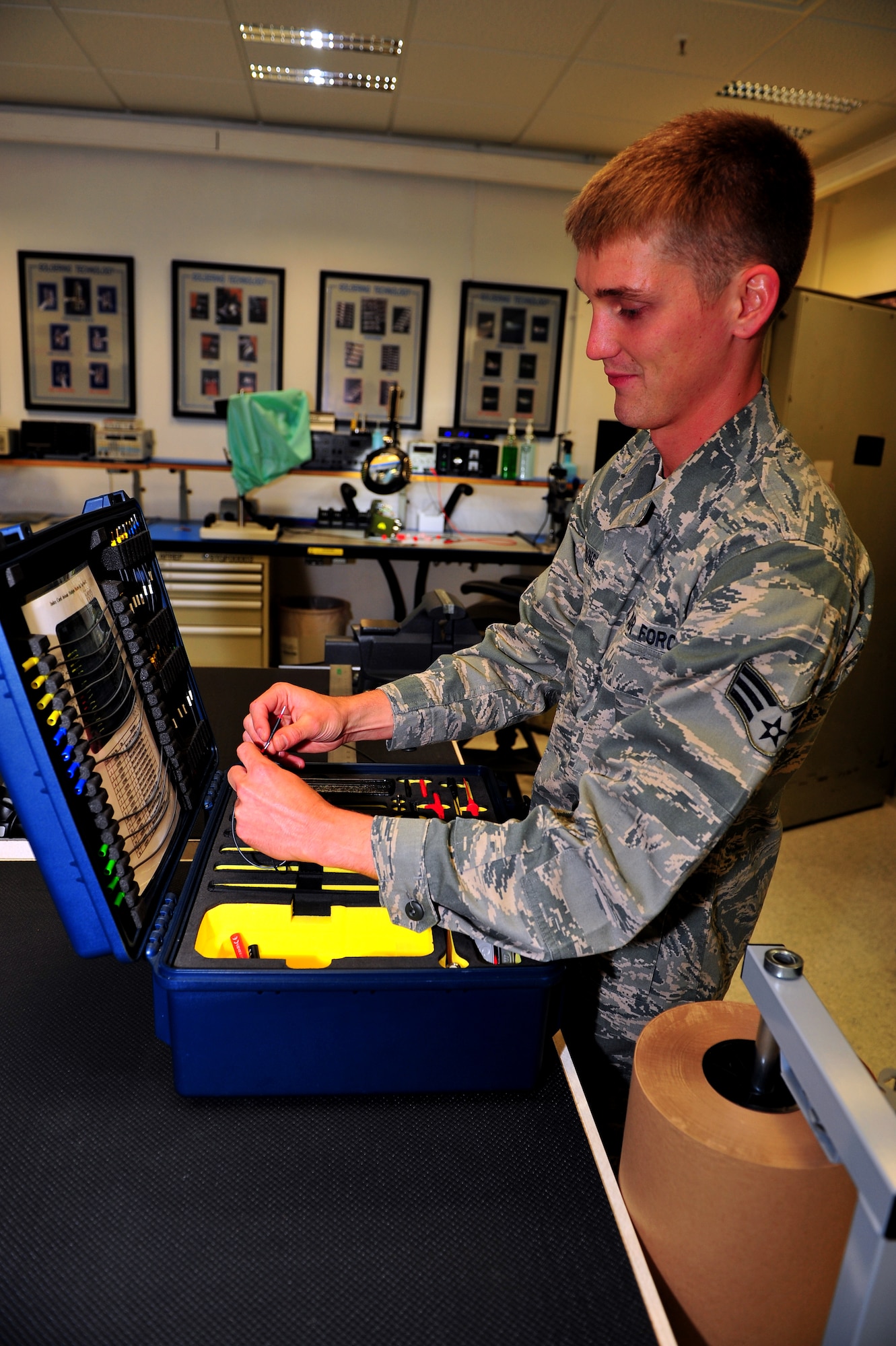 SPANGDAHLEM AIR BASE, Germany – Senior Airman Andrew Jennings, 52nd Component Maintenance Squadron avionics system technician and Air Force repairs enhancement program secondary technician, prepares a circuit test kit for use on a landing gear panel inside the 52nd Maintenance Group AFREP section here July 17. The AFREP section fixes items that cannot be contracted out for repair and items that are cheaper to repair than replace. The majority of the services provided by the shop is for the 52nd Maintenance Group, but they can also help other groups within the 52nd Fighter Wing. The section saved more than $1 million last year for the Air Force while maintaining a credible combat power. (U.S. Air Force photo by Airman 1st Class Dillon Davis/Released)