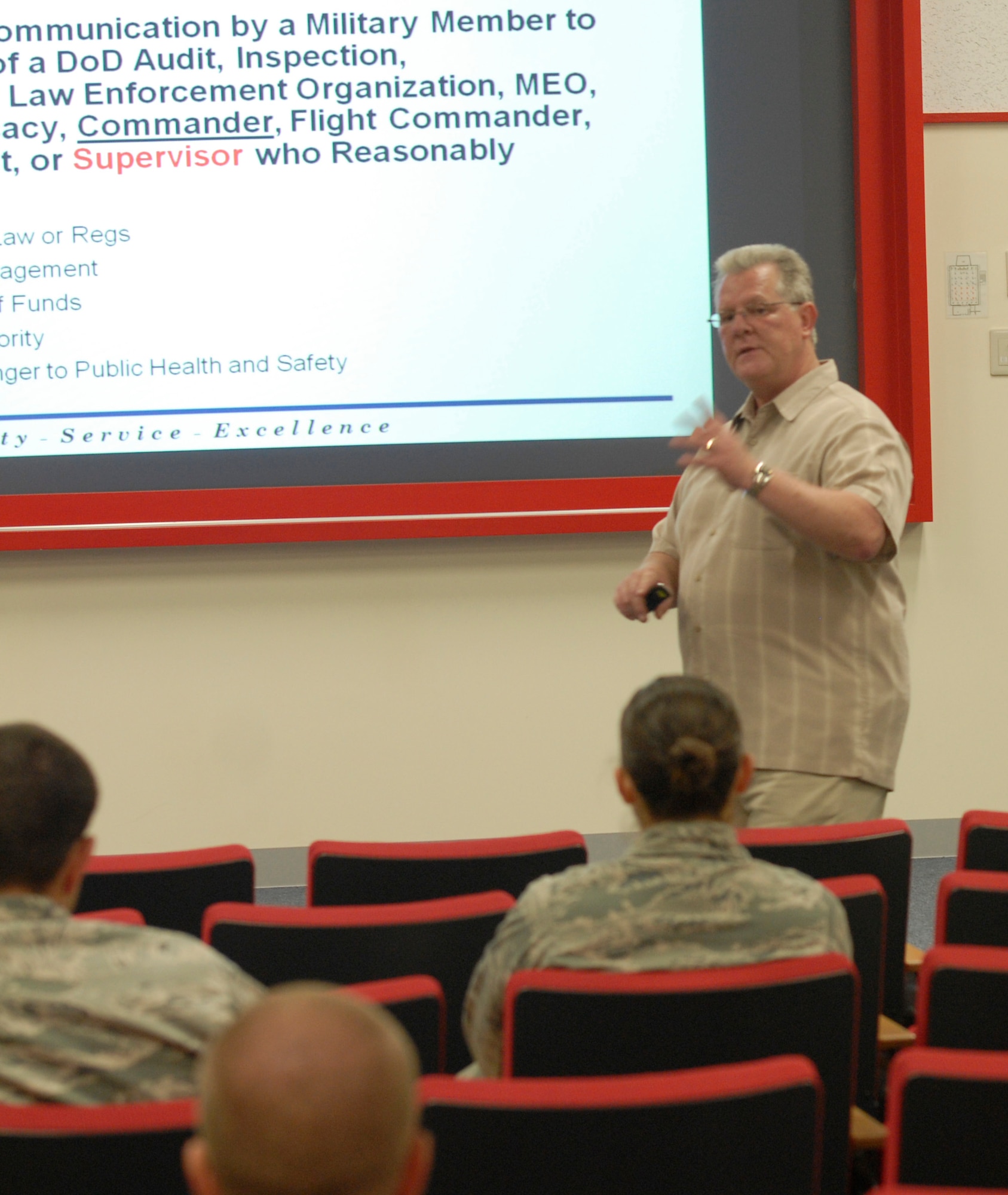 Ray Mays, with the 18th Wing Inspector General, briefs a Flight Commander’s Course about the IG on Kadena Air Base, Japan, July 17, 2012. This course is offered twice a year to help flight commanders mentor Airmen. (U.S. Air Force photo/Airman 1st Class Malia Jenkins) 

