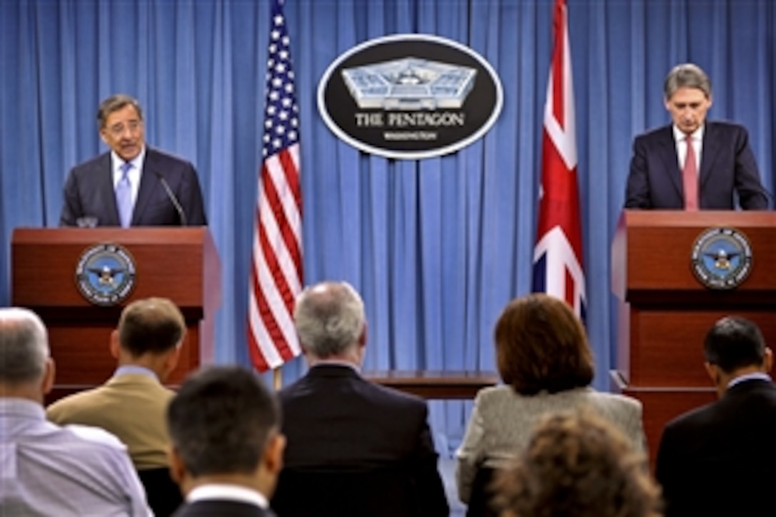 U.S. Defense Secretary Leon E. Panetta and British Defense Secretary Philip Hammond hold a press conference at the Pentagon, July 18, 2012. Panetta and Hammond briefed reporters on bilateral defense topics.