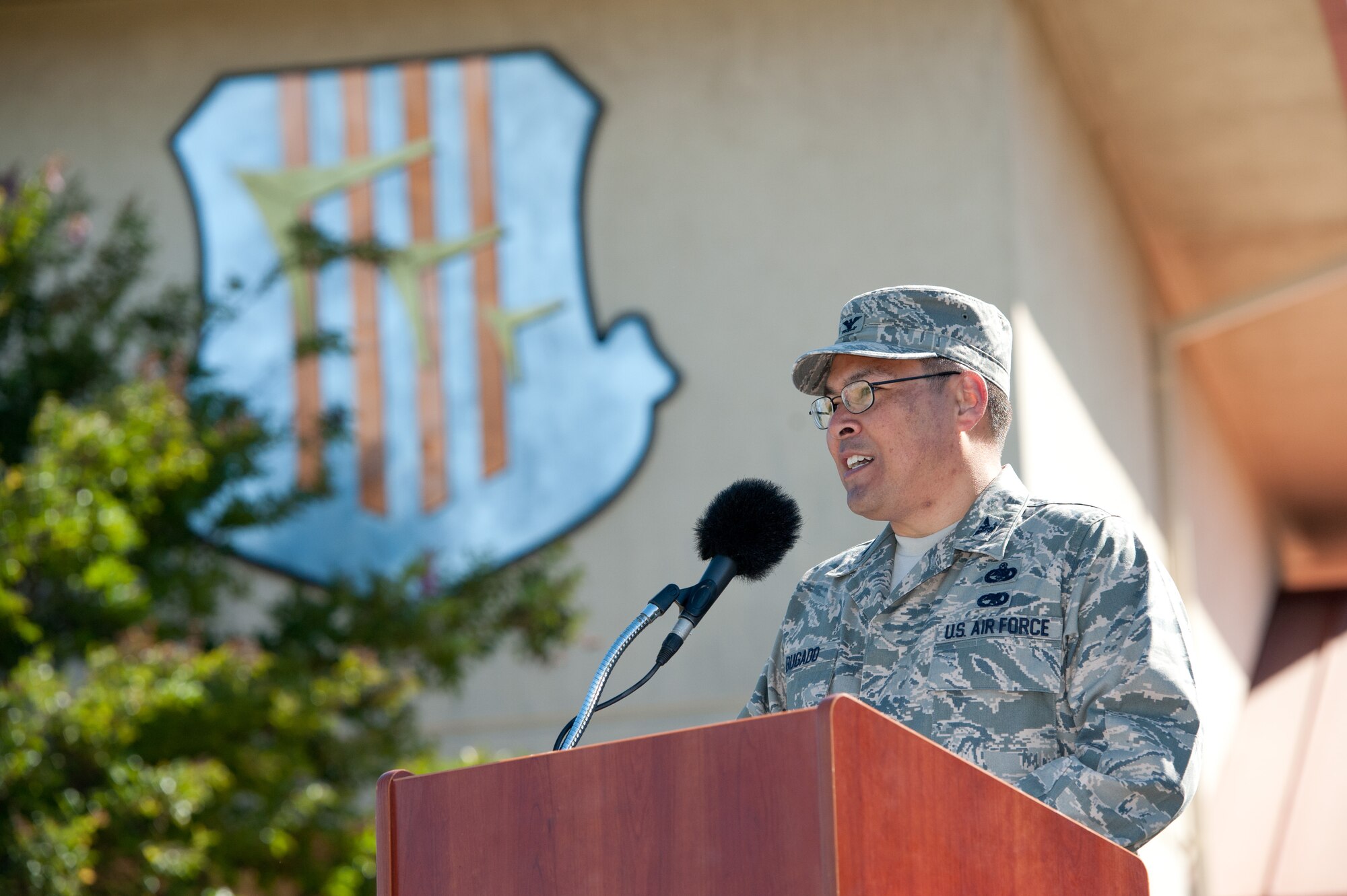 Upon assuming command of the 60th Mission Support Group, Col. Harold Bugado thanked his predecessor, Col. Robert Eatman, and the 60th Air Mobility Wing for their warm welcome.  (USAF Photo/Ken Wright)