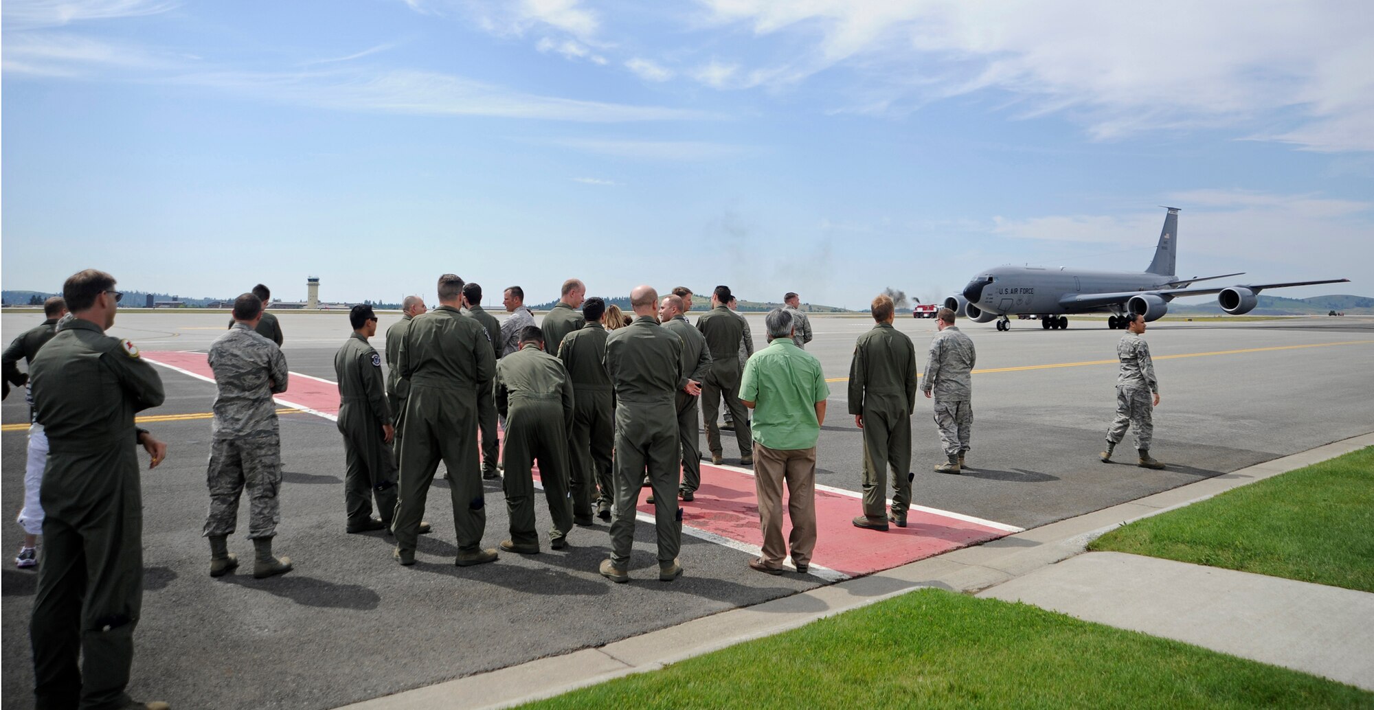 Col. Paul Guemmer, 92nd Air Refueling Wing commander, taxis a KC-135 Stratotanker after completing his final flight at Fairchild Air Force Base, Wash., July 17, 2012. Guemmer was greeted by members of Team Fairchild, family and friends. (U.S. Air Force photo by Airman 1st Class Ryan Zeski)