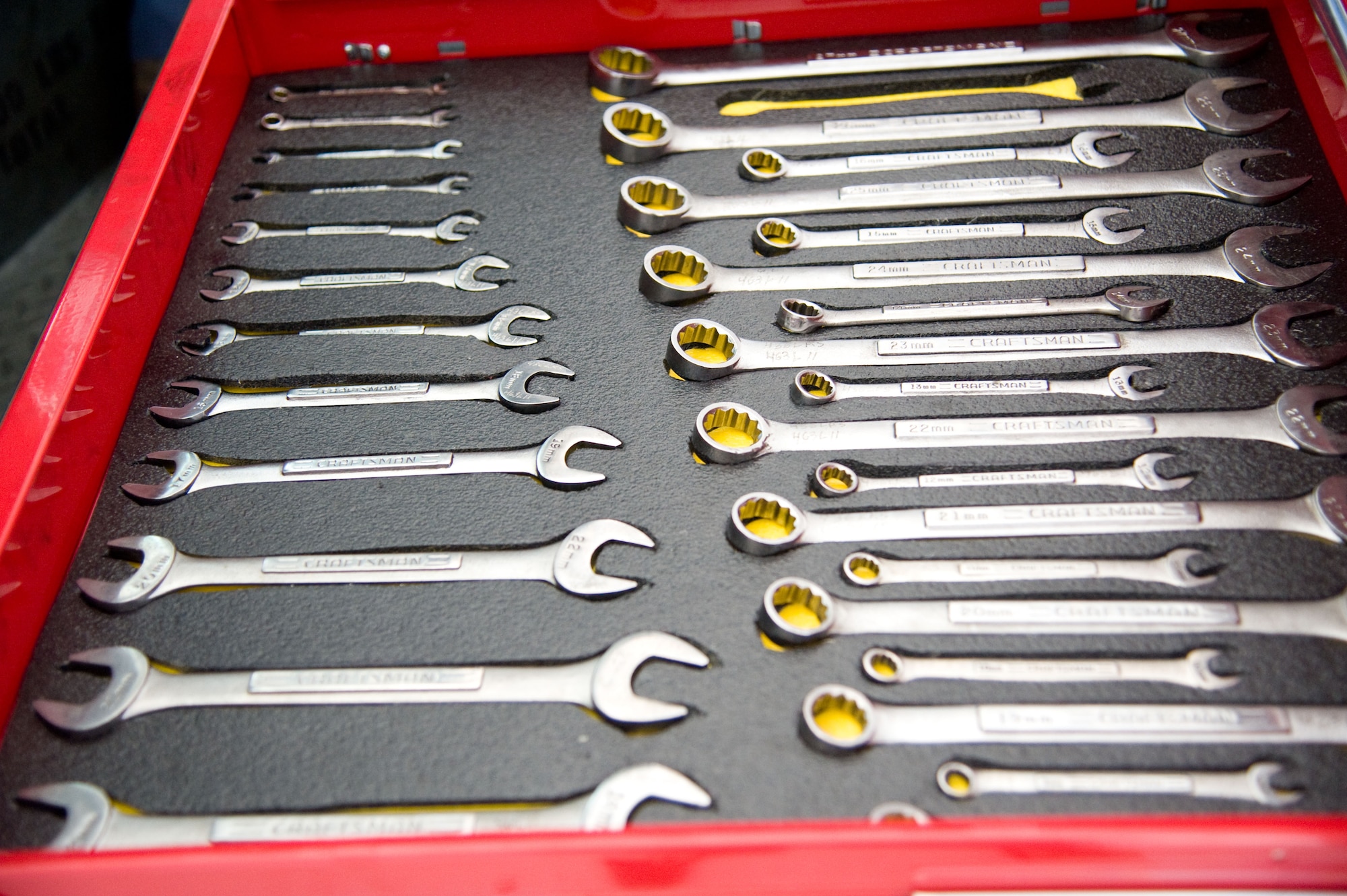 Various tools used by the members of the 436th Logistics Readiness Squadron are stored in a drawer July 18, 2012, at Dover Air Force Base, Del. The 436th LRS repairs various vehicles required for cargo transport at Dover. (U.S. Air Force photo by Adrian R. Rowan)