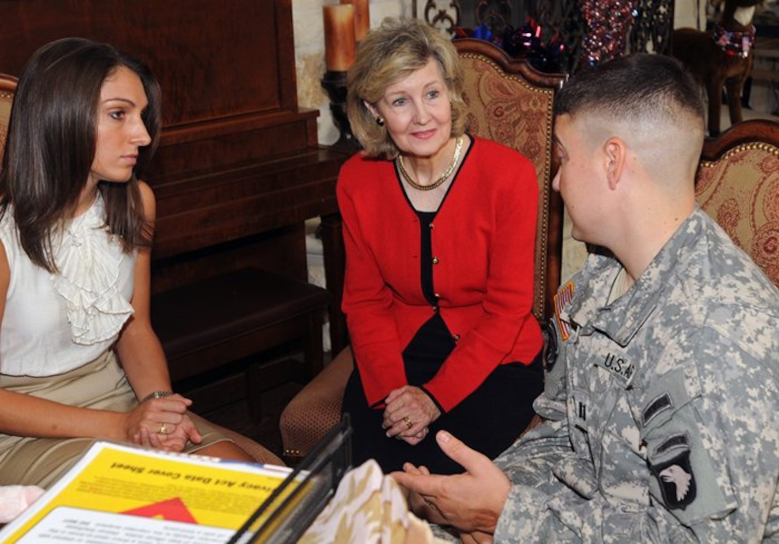 FORT SAM HOUSTON, Texas — Sen. Kay Bailey Hutchison of Texas (center) meets with Capt. Larkin O’Hern, a triple-amputee, and his wife, Rachael, during a July 2 visit to the Warrior and Family Support Center. O’Hern, who is working as a planner at U.S. Army North, told the senator about his desire to work in the Army Congressional Fellowship program. O’Hern was injured after an improvised-explosive device detonated while he was conducting a dismounted patrol in Kandahar, Afghanistan, New Year’s Eve 2010. (U.S. Army photo by Staff Sgt. Keith Anderson, Army North PAO)