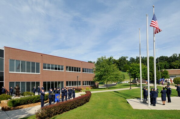 MCGHEE TYSON AIR NATIONAL GUARD BASE, Tenn. - An Airman Leadership School class performs a retreat ceremony outside Patriot Hall, July 18, 2012. Today's ALS was first taught on campus in 1991 and returned again in 1999 after a hiatus, but it really began as the NCO Leadership School in 1970 and is also tied to 1988 as a NCO preparatoy course. The TEC begin rebroadcastng satellite ALS in 2013 to the Air Guard's TEC TV Warrior Network downlink sites across the nation. (U.S. Air National Guard photo by Master Sgt. Kurt Skoglund/Released)