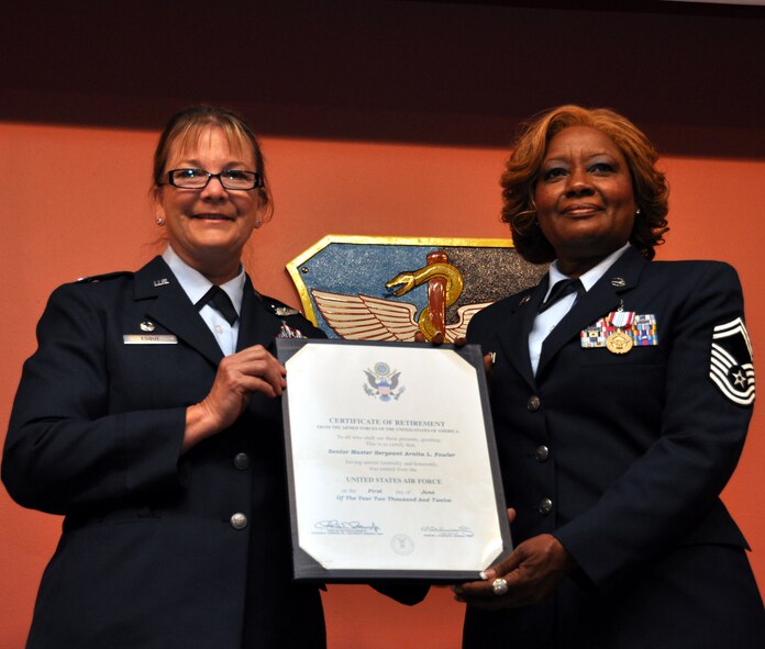 TRAVIS AIR FORCE BASE, Calif. -- Senior Master Sgt. Arnita Fowler, 349th Aerospace Medical Squadron retires from the U.S. Air Force on June 23, 2012, at Travis Air Force Base, Calif. (U.S. Air Force photo/Tech. Sgt. Rachel Martinez)