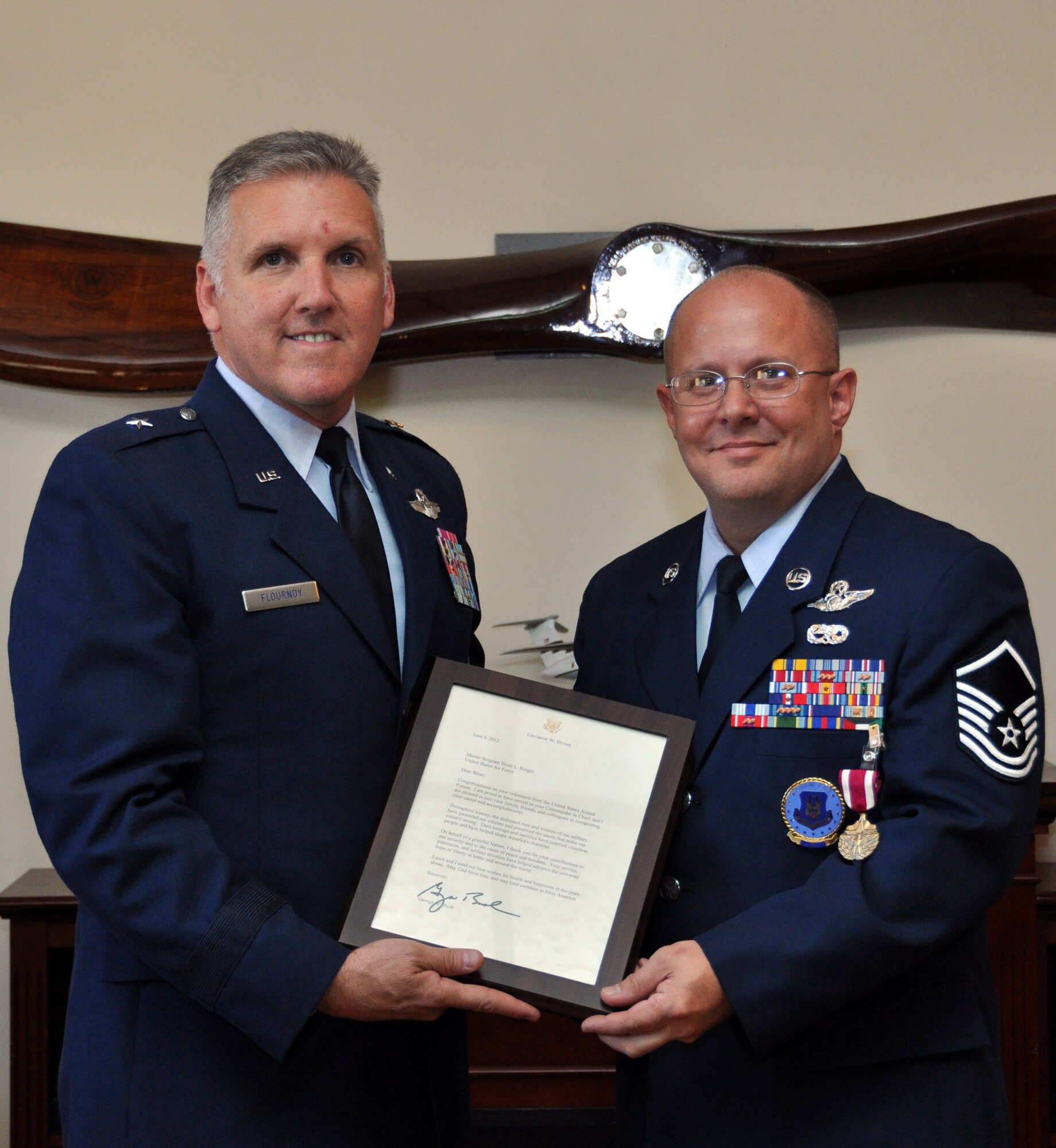TRAVIS AIR FORCE BASE, Calif. -- Master Sgt. Brian Burgin, 349th AMW Recruiting Squadron, has his retirement  ceremony, here, June 24, 2012. (U.S. Air Force photo/Tech. Sgt. Rachel Martinez)